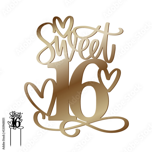 Sweet sixteen cake topper with 16 number, flourishes and hearts. Birthday party decoration cut file vector design with calligraphy text.