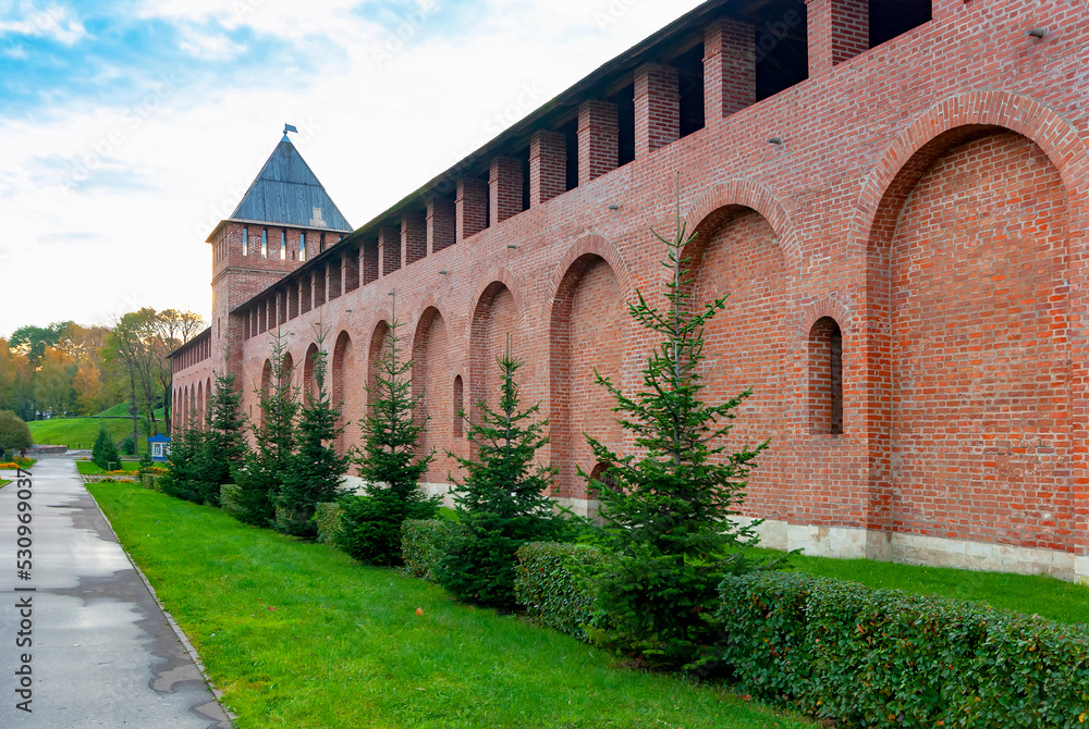 Smolensk. Russia.  Fir trees and bushes planted along the fortress wall