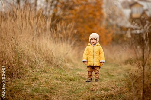 cute little kid walks in nature on a cold day. orange foliage, cold weather, warm trendy autumn bright yellow brown and knitted clothes. autumn activities and family leisure