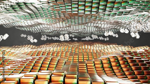 3D rendering. High quality render. Stacked silver and gold cubes forming waves and simulating movement. Sci-fi futuristic background with colored lights. Background for electronic music.