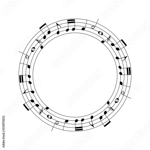 black music staff and various notes round frame on white background. Musical notes melody vector illustration
