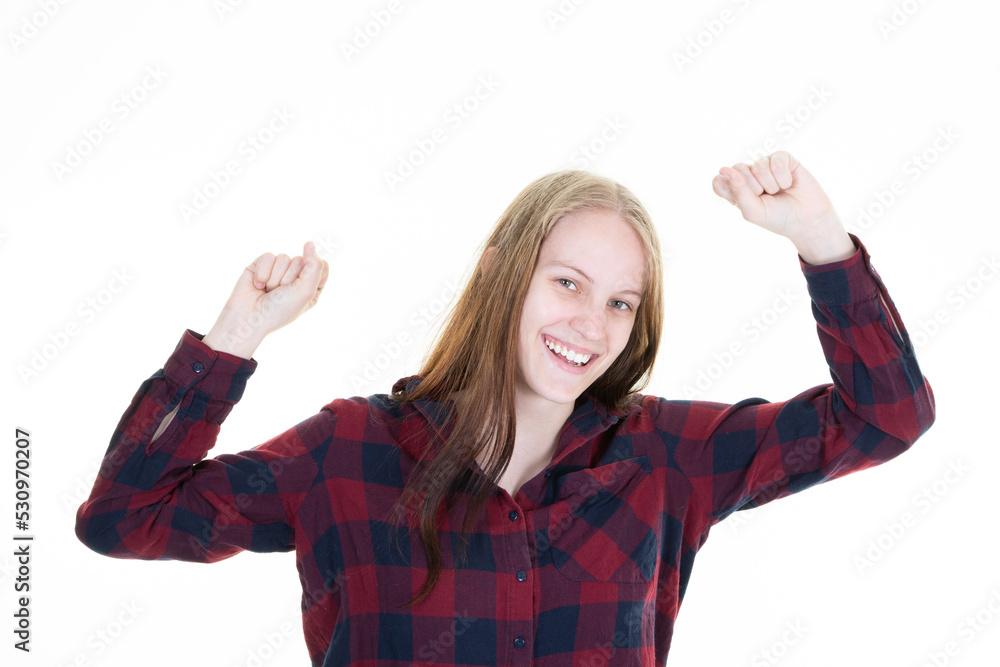 Joyful happiness woman celebrating success pumping fists in success concept isolated on white background Joyful happiness woman celebrating success pumping fists in success concept isolated on white background