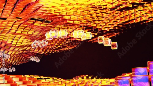 3D rendering. High quality render. Striped Wallpaper. Futuristic background with gold cubes with lights reflecting. Dark background with geometric bodies floating.