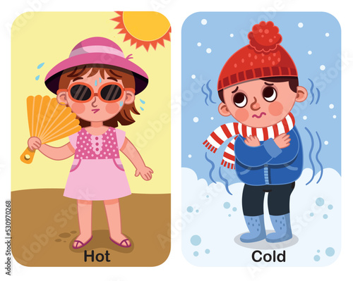 Hot and cold concepts for preschool children. Educational vector illustration.