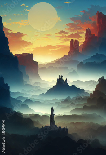 fantasy castle in the mountains, concept art, Generative AI