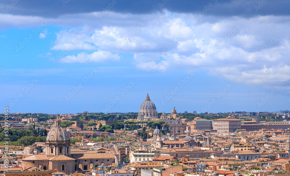 Rome skyline: on background Saint Peter's Basilica in Italy.