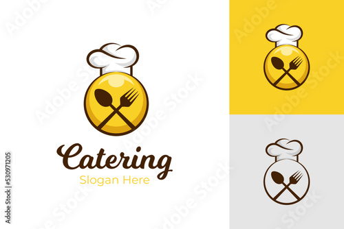 restaurant delicious food logo emblem style vector symbol elements design with cap chef, fork and spoon icon concept for catering, food culinary logo design