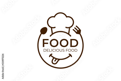 restaurant delicious food logo badge line style vector design with smile face, fork and spoon icon concept for catering, food culinary logo design