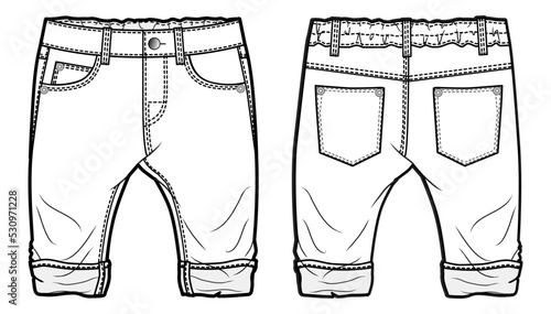 kids three quarter denim shorts with rolled hem boys half jeans fashion flat sketch vector illustration front and back view template. cad mockup.
