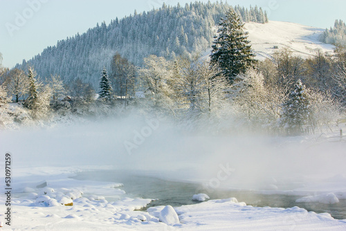 spectacular winter scenery, awesome sunset landscape, beautiful nature background in the mountains, Carpathian mountains, Ukraine, Europe 