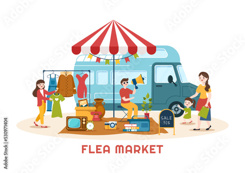 Flea Market Template Hand Drawn Cartoon Flat Illustration Second Hand Shop with Shoppers, Swap Meet, Sellers and Customers at Weekend