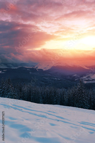 spectacular  winter scenery, awesome sunset landscape, beautiful nature background in the mountains, Carpathian mountains, Ukraine, Europe  © Rushvol