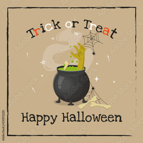 congratulatory inscriptions Trick or Treat and Happy Halloween witch cauldron dead man brush is brewed in a cauldron and in a witch potion bones and cobwebs