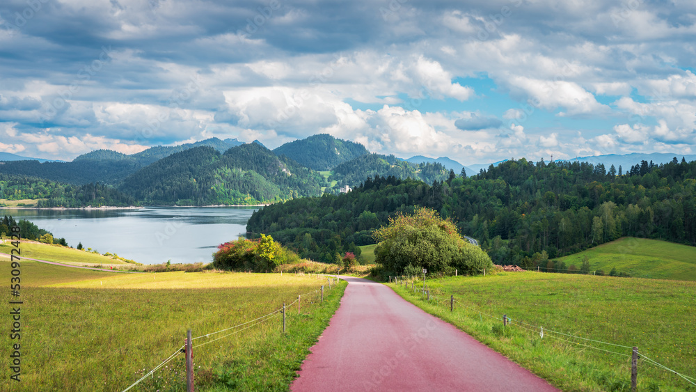 Bicycle route leading around Czorsztyn Lake - Velo Czorsztyn. View at Pieniny Mountains. Beautiful, rural, mountain landscape on summer day. Green meadow and hills covered with forest. Visit Poland.