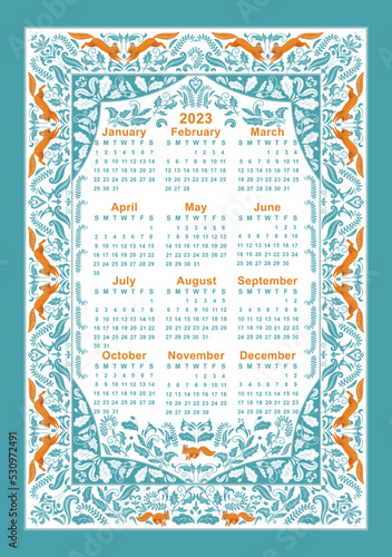 Calendar for 2023. Turquoise luxurious ornament, squirrels, symmetrical pattern in the Damascus style.