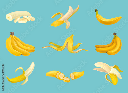 Whole, Peeled and Sliced Banana as Tropical Exotic Fruit Big Vector Set