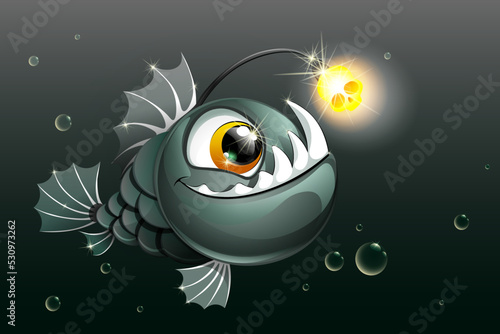 Predator AnglerFish in the deep dark water with spooky scull lantern.