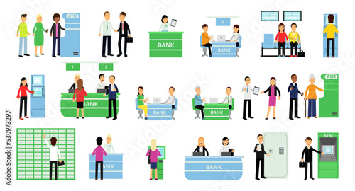 People Clients Visiting Bank Using ATM and Staff Serving Customers Vector Illustration Set