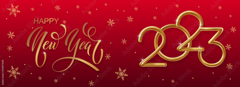 2023 Happy New Year hand lettering calligraphy. Vector holiday illustration element. Typographic element for banner, poster, congratulations.