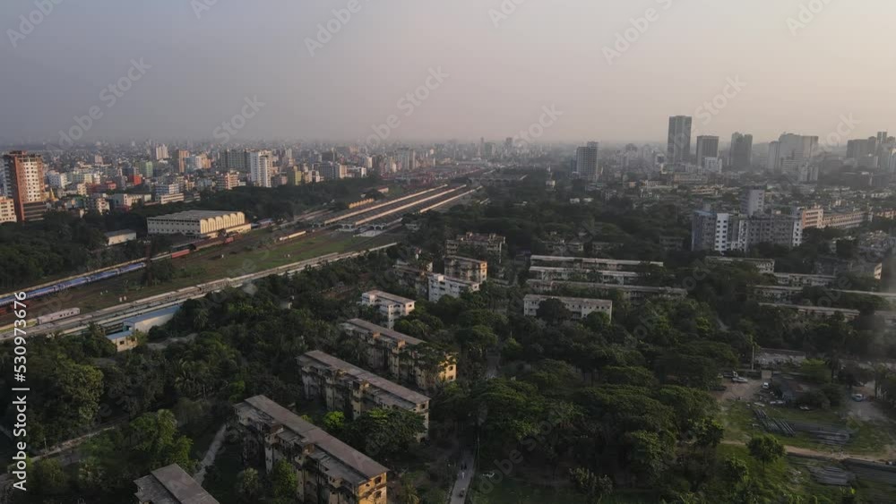 Railway train station in Dhaka in Bangladesh, aerial drone view flying forward Railway train station in Dhaka in Bangladesh, aerial drone view flying forward