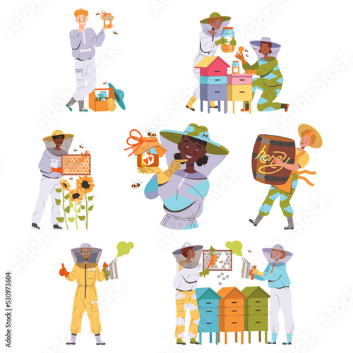 Equipped Beekeeper or Apiarist Gathering Sweet Honey from Beehive Vector Set