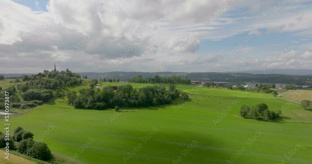 Countryside Wheat Fields, Pasture, And Church On Hilltop At Daytime. - aerial Countryside Wheat Fields, Pasture, And Church On Hilltop At Daytime. - aerial