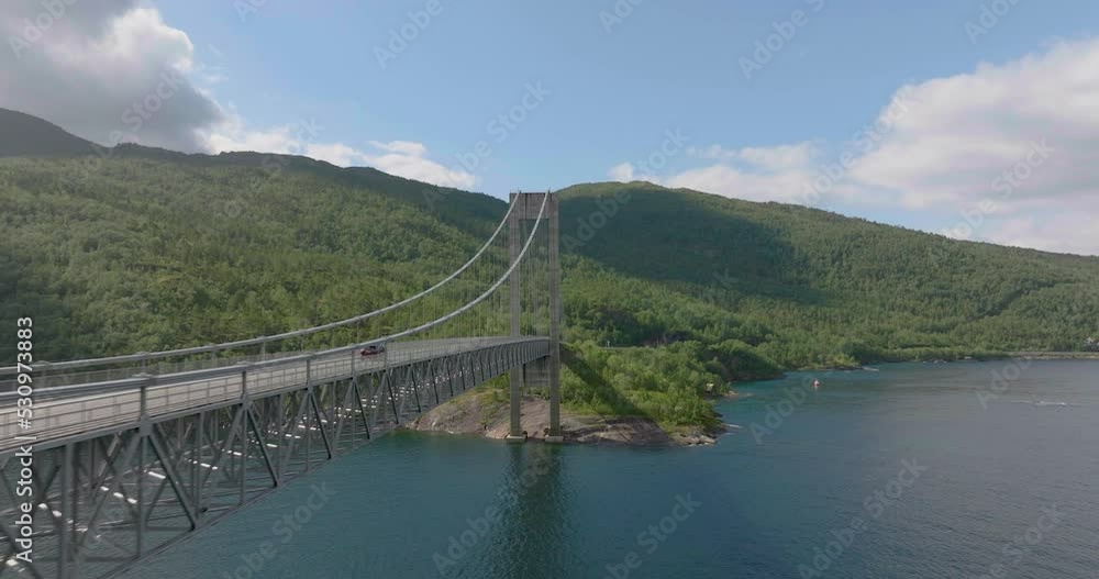 Car Driving Across Skjomen Bridge Spanning The Skjomen Fjord In Narvik, Nordland, Norway. - aerial Car Driving Across Skjomen Bridge Spanning The Skjomen Fjord In Narvik, Nordland, Norway. - aerial