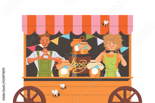 Man and Woman Beekeeper or Apiarist in Apron at Stall Selling Sweet Honey Vector Illustration