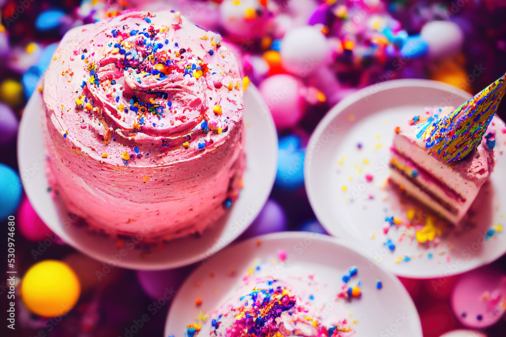 pink birthday cake with candles, digital illustration, digital painting ...