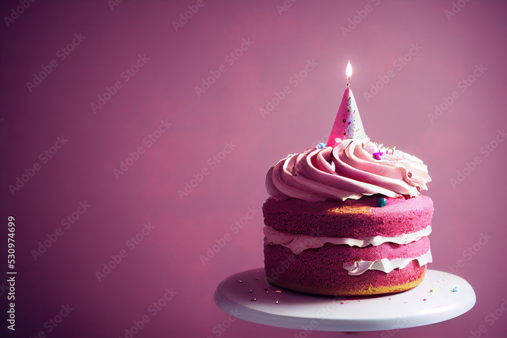 pink birthday cake with candles, digital illustration, digital painting ...