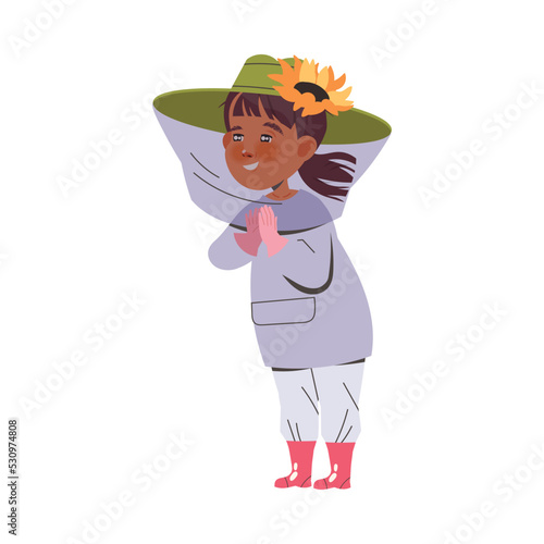 Equipped Little Girl Beekeeper or Apiarist Standing in Protective Hat and Smiling Vector Illustration