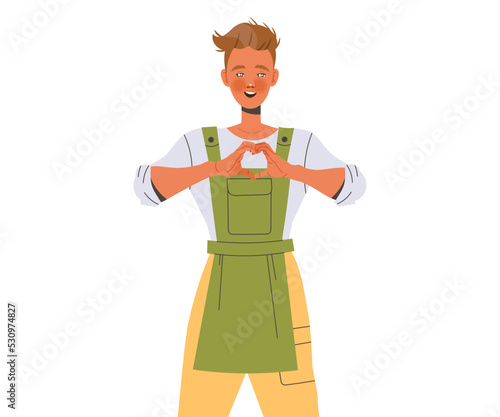 Male Beekeeper or Apiarist in Apron Showing Hand Heart Gesture and Smiling Vector Illustration