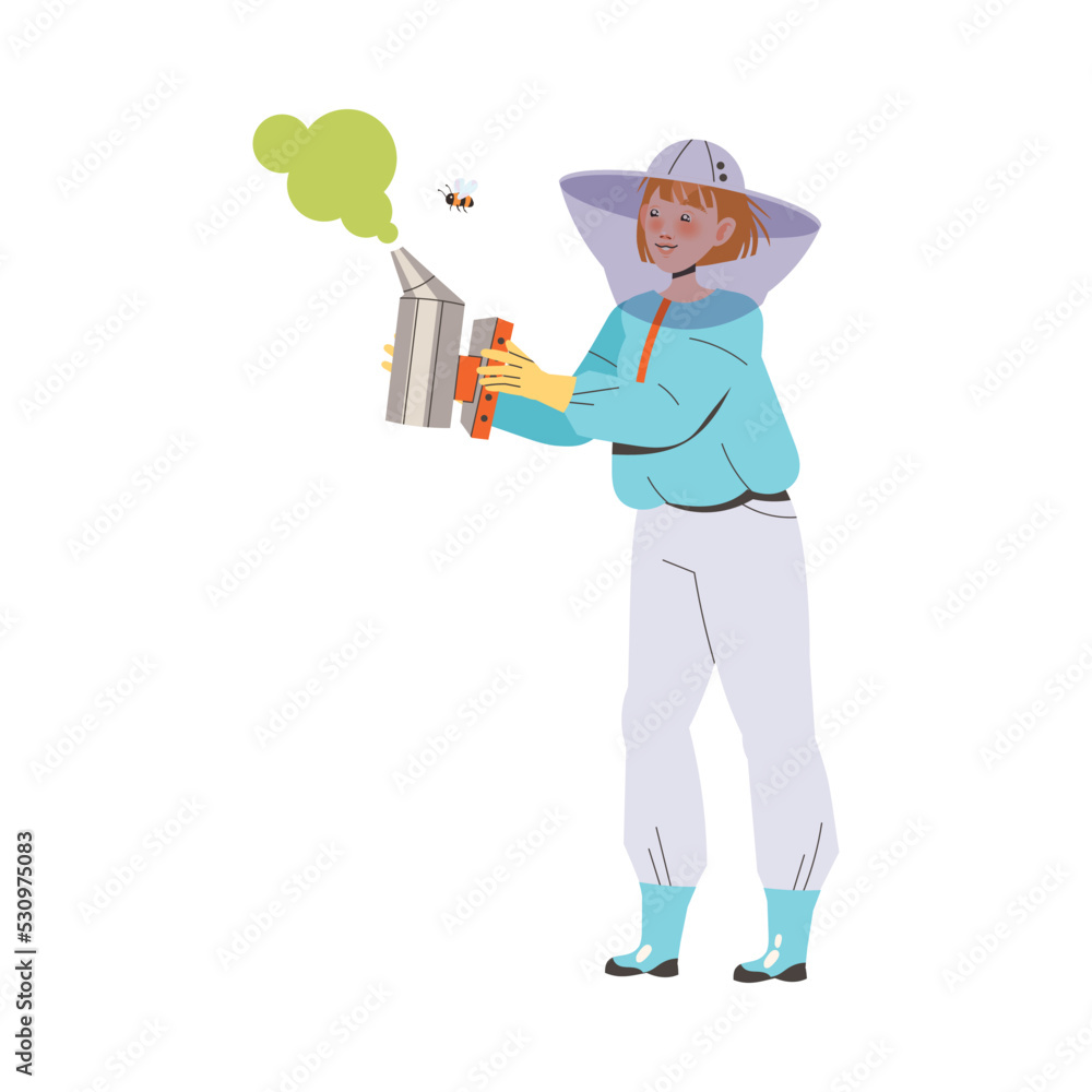 Equipped Woman Beekeeper or Apiarist with Smoker Gathering Sweet Honey from Beehive Vector Illustration Equipped Woman Beekeeper or Apiarist with Smoker Gathering Sweet Honey from Beehive Vector Illustration