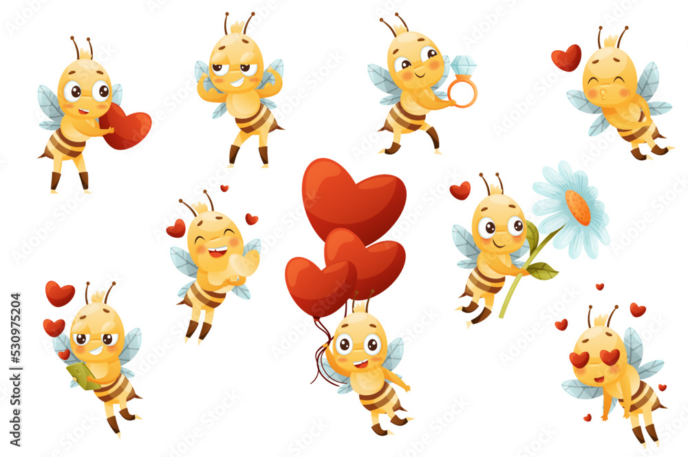 Cute Bee Character with Striped Yellow Body and Wings Engaged in Different Activity Vector Set