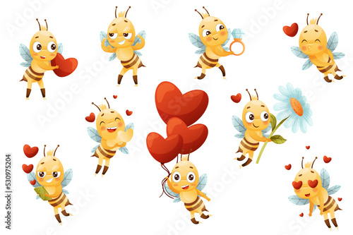 Cute Bee Character with Striped Yellow Body and Wings Engaged in Different Activity Vector Set