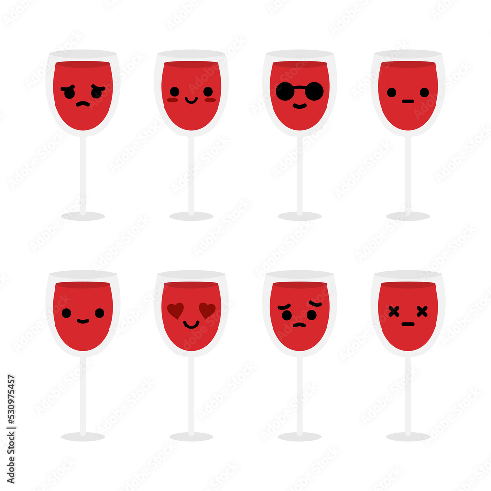 Set, collection, pack of wine emoji, vector cartoon style icons of red