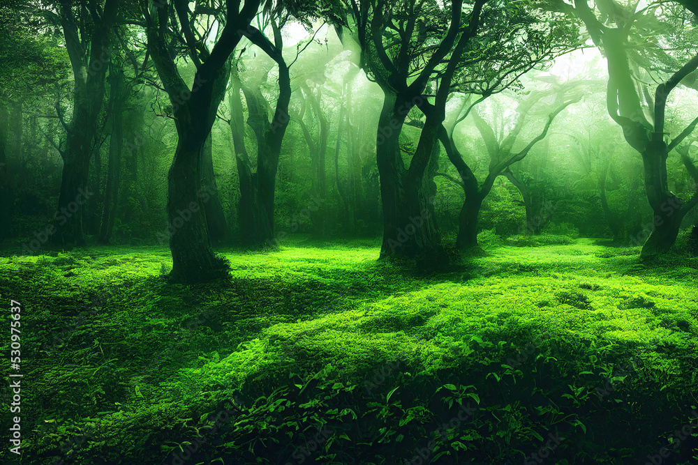 Misty foggy green celtic forest with lush foliage, calm nature organic background, digital illustration, digital painting, cg artwork, realistic illustration, 3d illustration Misty foggy green celtic forest with lush foliage, calm nature organic background, digital illustration, digital painting, cg artwork, realistic illustration, 3d illustration