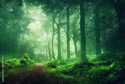 Misty foggy green celtic forest with lush foliage  calm nature organic background  digital illustration  digital painting  cg artwork  realistic illustration  3d illustration