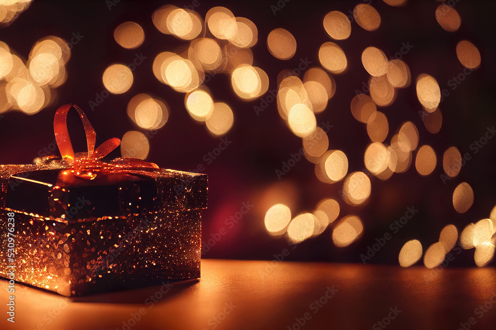 christmas gift box with candles and sparkle lights, warm holiday mood background , digital illustration, digital painting, cg artwork, realistic illustration, 3d render