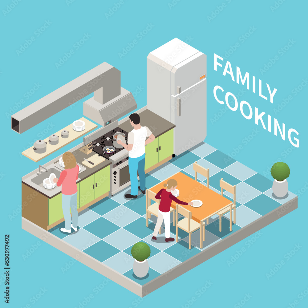 Family Cooking Isometric Background Family Cooking Isometric Background