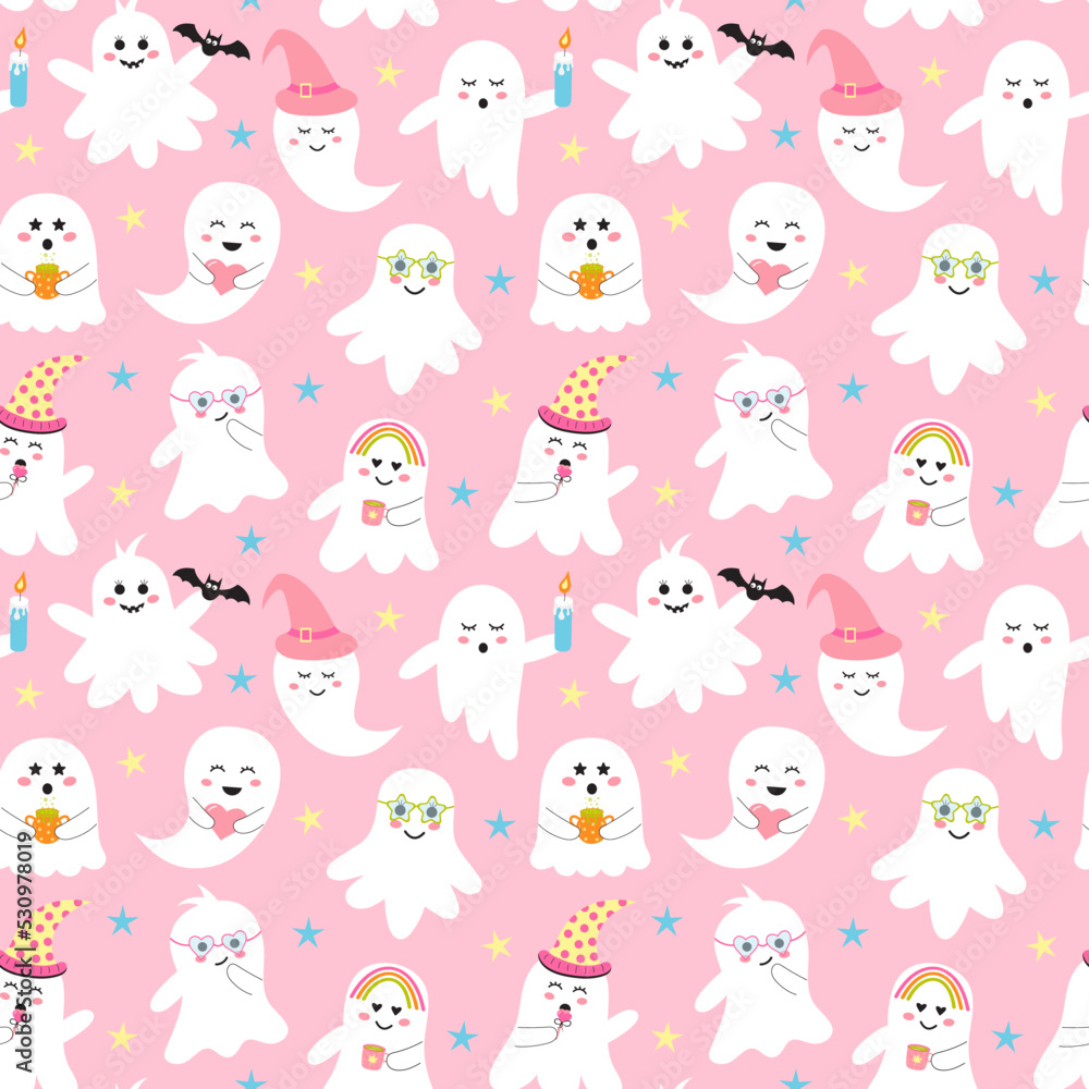 Cute pink halloween ghost seamless pattern. Creepy baby boo characters with different emotions, facial expressions and accessories. Cute pink halloween ghost seamless pattern. Creepy baby boo characters with different emotions, facial expressions and accessories.