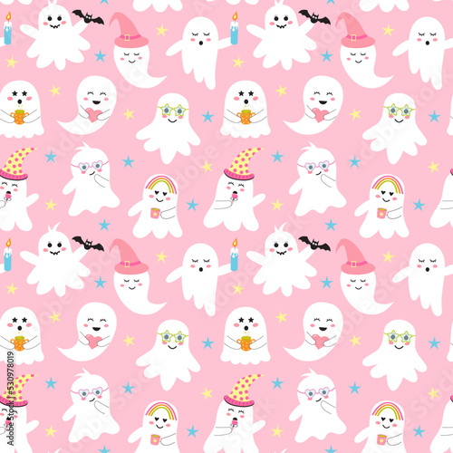 Cute pink halloween ghost seamless pattern. Creepy baby boo characters with different emotions, facial expressions and accessories.