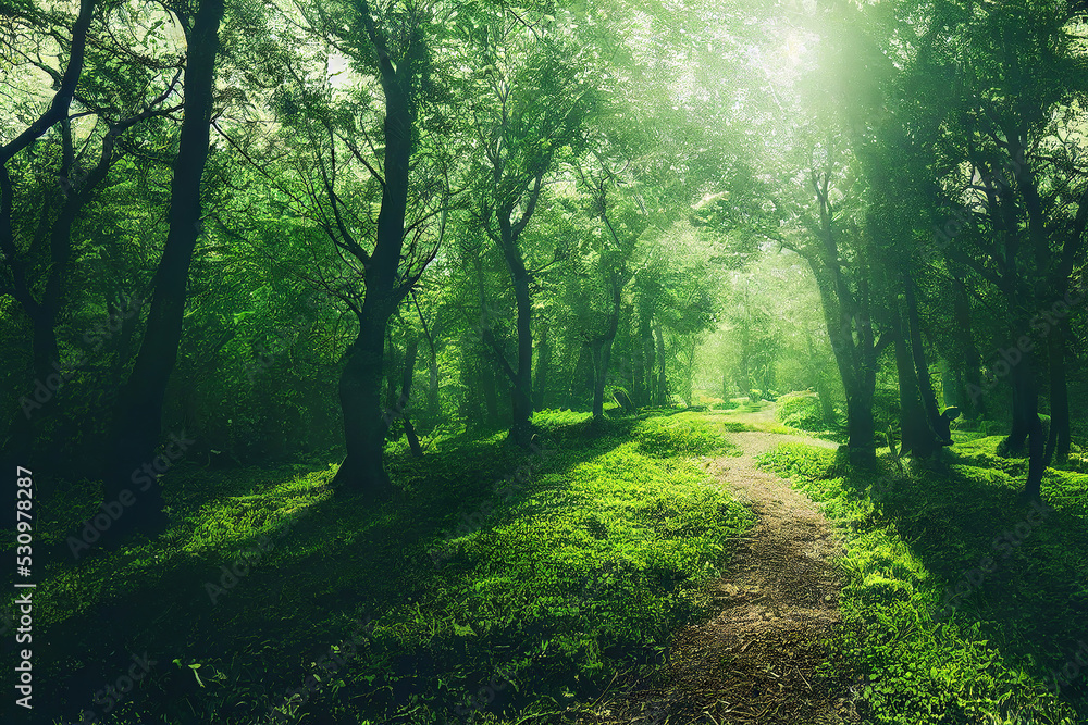 Obraz premium Beautiful morning over the green hills, lush foliage, calm green nature background, digital illustration, digital painting, cg artwork, realistic illustration, 3d render