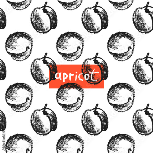 Apricot seamless pattern. Vector nectarine wallpaper. Sketch art peach background for organic baby food label, yogurt packaging design, vegan banner, fruity ornament. Peach backdrop for jam package.