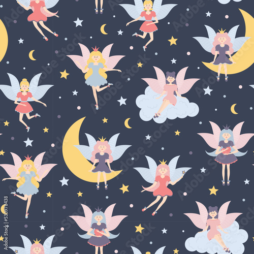 Winged fairy princesses seamless pattern. Cute fairy tale characters with stars and moon in the sky. Childish background.