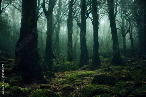 Misty foggy redwood, birch forest, lush foliage, digital illustration, digital painting, cg artwork, realistic illustration, 3d render © Gbor