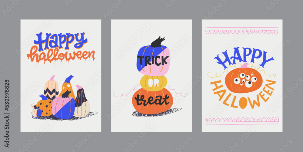 Set of hand drawn autumn holidays greeting cards or posters with hand lettering text and traditional elements. Handwritten inscriptions Happy halloween, Trick Or Treat, painted pumpkins.