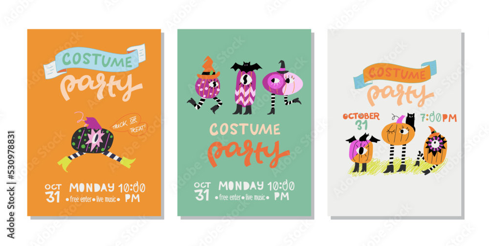 Set of hand drawn Halloween party invitations or posters with hand lettering text and traditional elements. Costume Party inscription and eerie pumpkin characters in witch hat, boots and striped socks