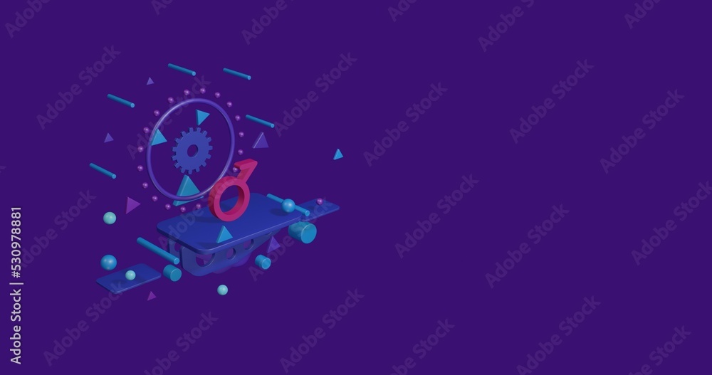 Pink demiboy symbol on a pedestal of abstract geometric shapes floating in the air. Abstract concept art with flying shapes on the left. 3d illustration on deep purple background