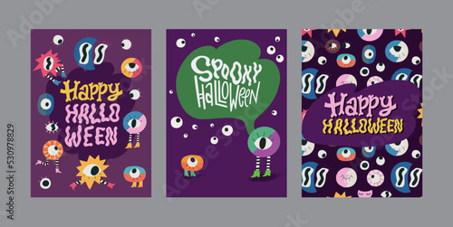 Set of hand drawn spooky Halloween greeting cards or posters with hand lettering text and weird eerie elements. Handwritten inscriptions and alive eyes with legs in boots.